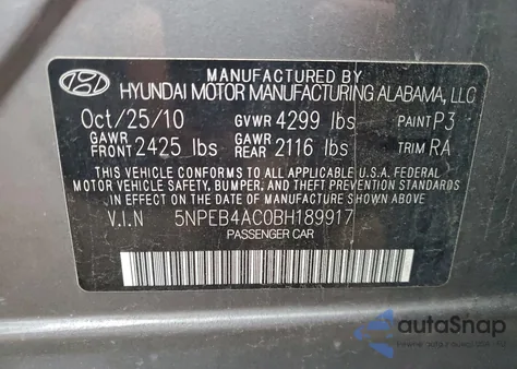 2011 Hyundai Sonata Gls z USA, uszkodzony, nr VIN 5NPEB4AC0BH189917